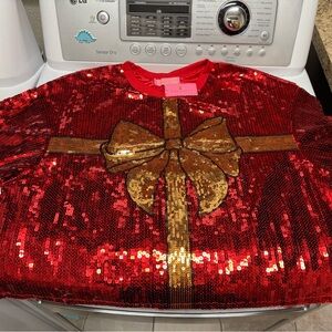 Simply Southern Red Sequin Christmas present tee with bow